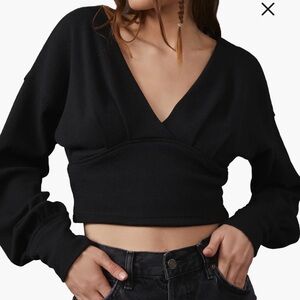 We the Free Long Sleeve Surplice Crop Top Small Black V-neck Waffle Knit